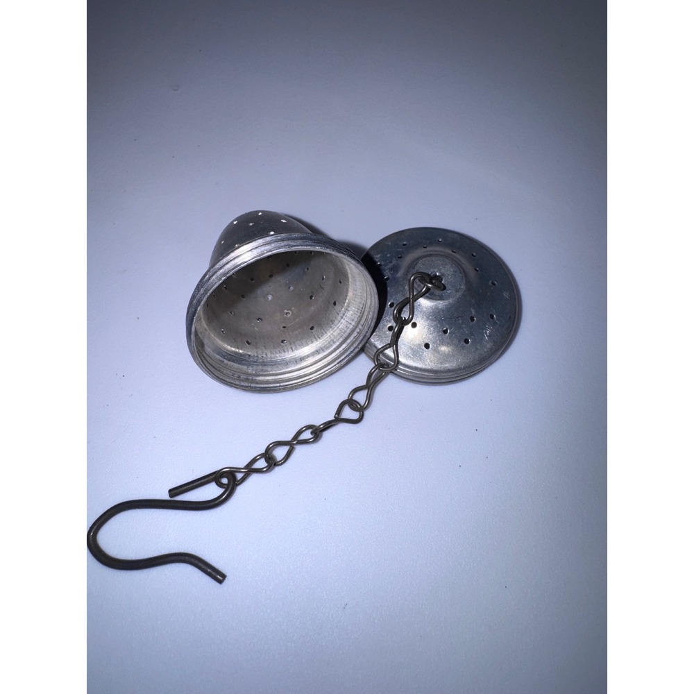 Vintage Silver Tone Metal Tea Infuser Strainer with Chain and Hook Acorn Shape - Picture 2 of 2